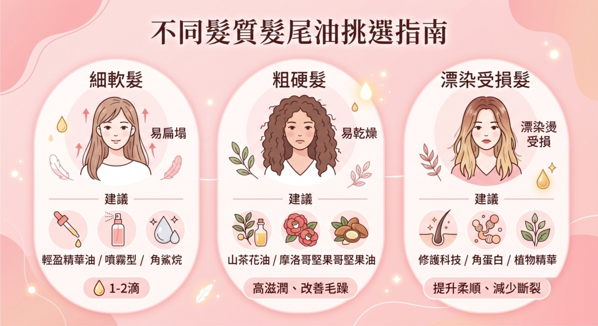 不同髮質對髮尾油的需求各有不同，選錯產品可能令頭髮變得厚重或容易扁塌。