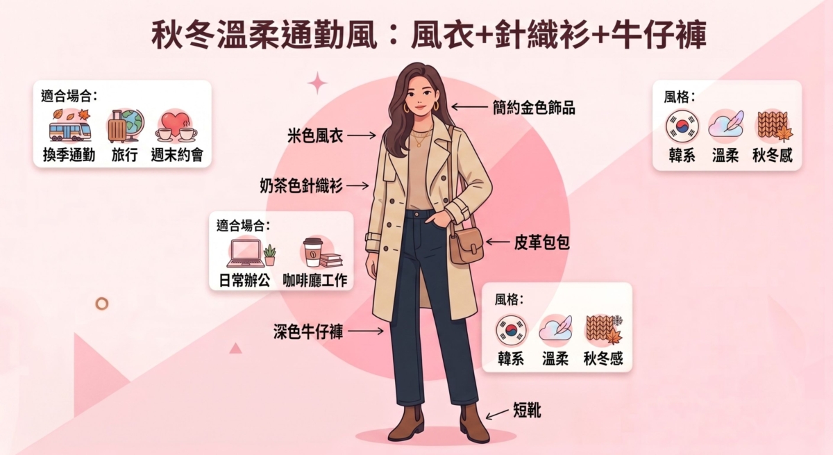 內搭簡單針織衫，下身搭配直筒牛仔褲，就能打造舒服又有層次感的秋冬造型。