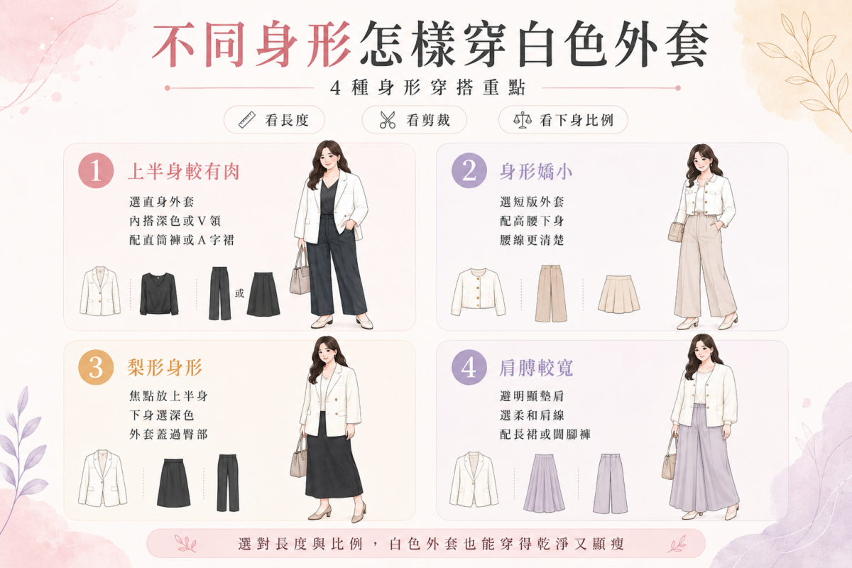 不同身形女生的白色外套挑選與穿搭指南資訊圖表:一圖看懂上半身有肉、身形嬌小、梨形身形、寬肩女孩的白色外套款式挑選要點與顯瘦下身搭配技巧。