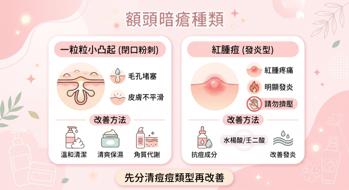 先了解額頭暗瘡的種類，分清粉刺、閉鎖性暗瘡及發炎痘痘的差異，才能針對問題改善肌膚狀態。