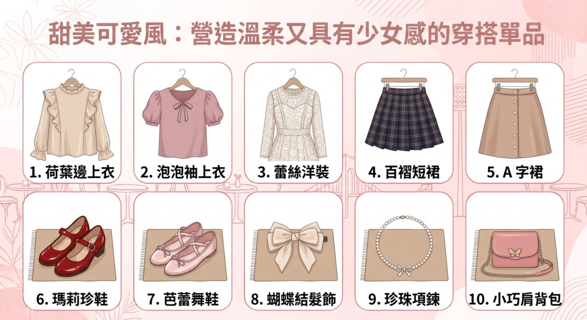 甜美可愛風以柔和色彩與細節設計為特色，透過荷葉邊、蕾絲、蝴蝶結或泡泡袖等元素，營造溫柔又具有少女感的穿搭氛圍。