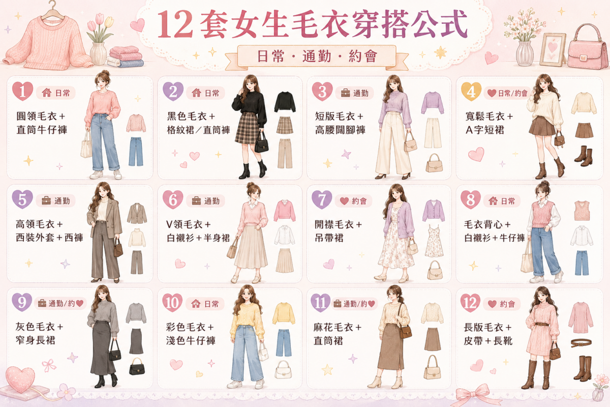 12套女生毛衣穿搭公式懶人包資訊圖：收錄日常、通勤、約會必備的毛衣搭配速查表，包含圓領、高領、V領、開襟毛衣及毛衣背心的秋冬顯瘦穿搭指南。