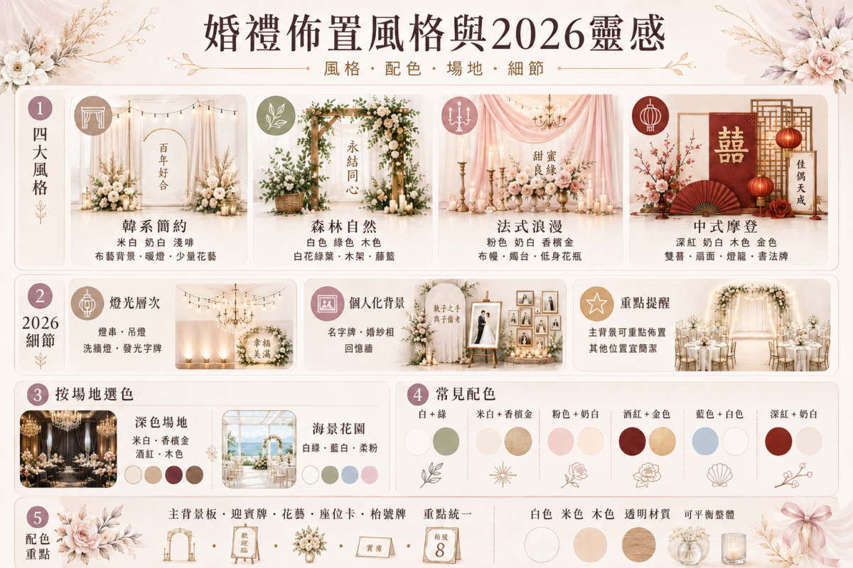 婚禮佈置風格與配色對照圖：展示韓系簡約、森林自然、法式浪漫與中式摩登的經典主題配色與適合場地建議。