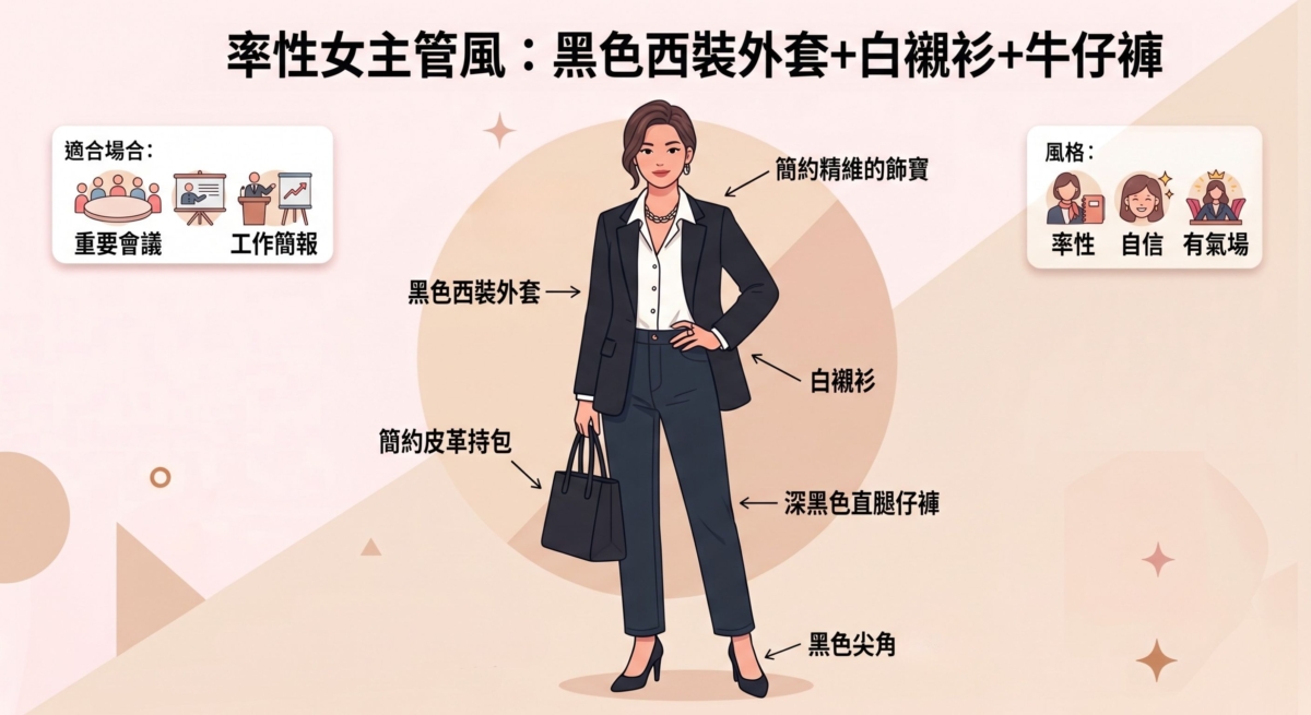 搭配白襯衫與牛仔褲，可以降低嚴肅感，同時保留專業魅力。
