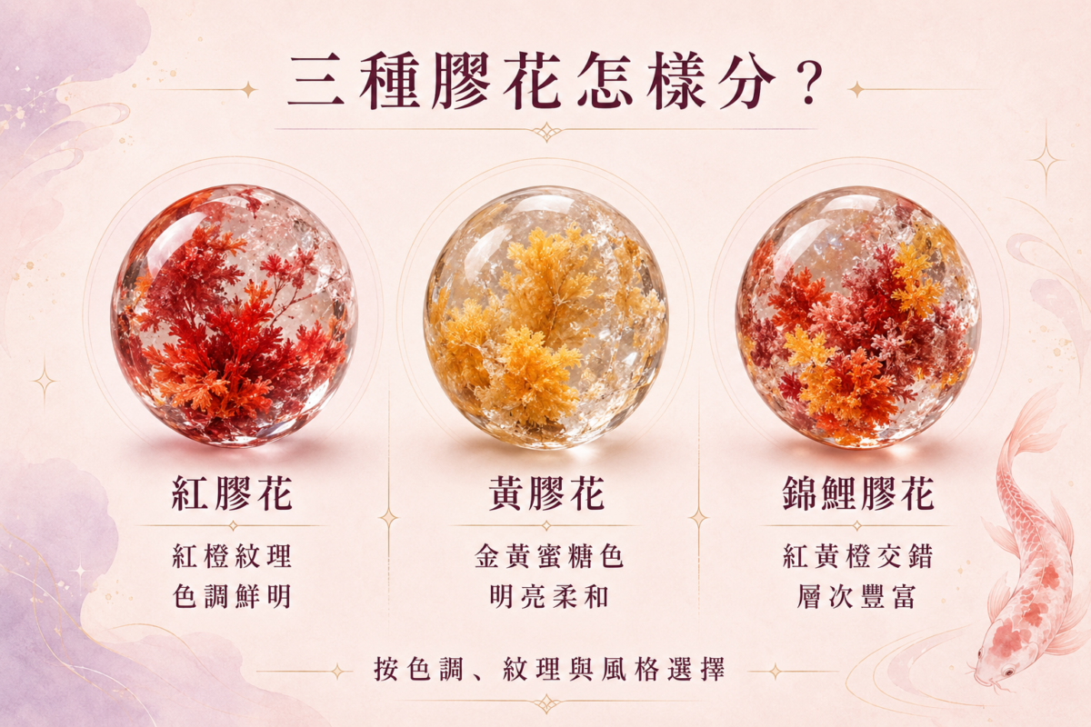 錦鯉膠花、紅膠花與黃膠花水晶外觀色調與選擇重點對比圖。