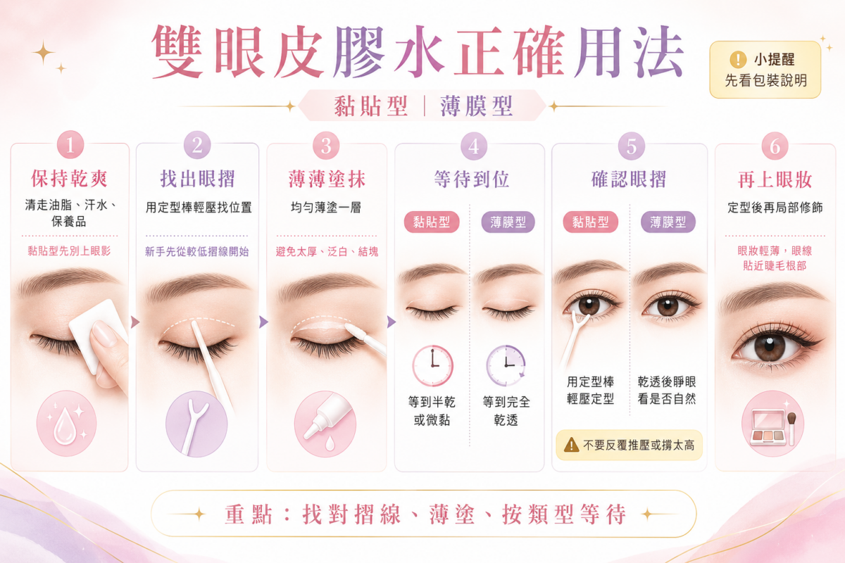 雙眼皮膠水正確使用6大步驟教學流程圖：包含眼皮去油、定出摺痕、薄塗產品、區分黏貼型與薄膜型等待狀態、確認眼摺與完成眼妝的完整彩妝順序與核心技巧。