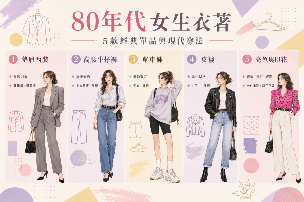 80年代5款經典女裝單品復古特徵與現代日常穿搭對照圖:包含墊肩西裝、高腰牛仔褲、運動單車褲、復古皮衣以及亮色印花單品的時尚搭配技巧。
