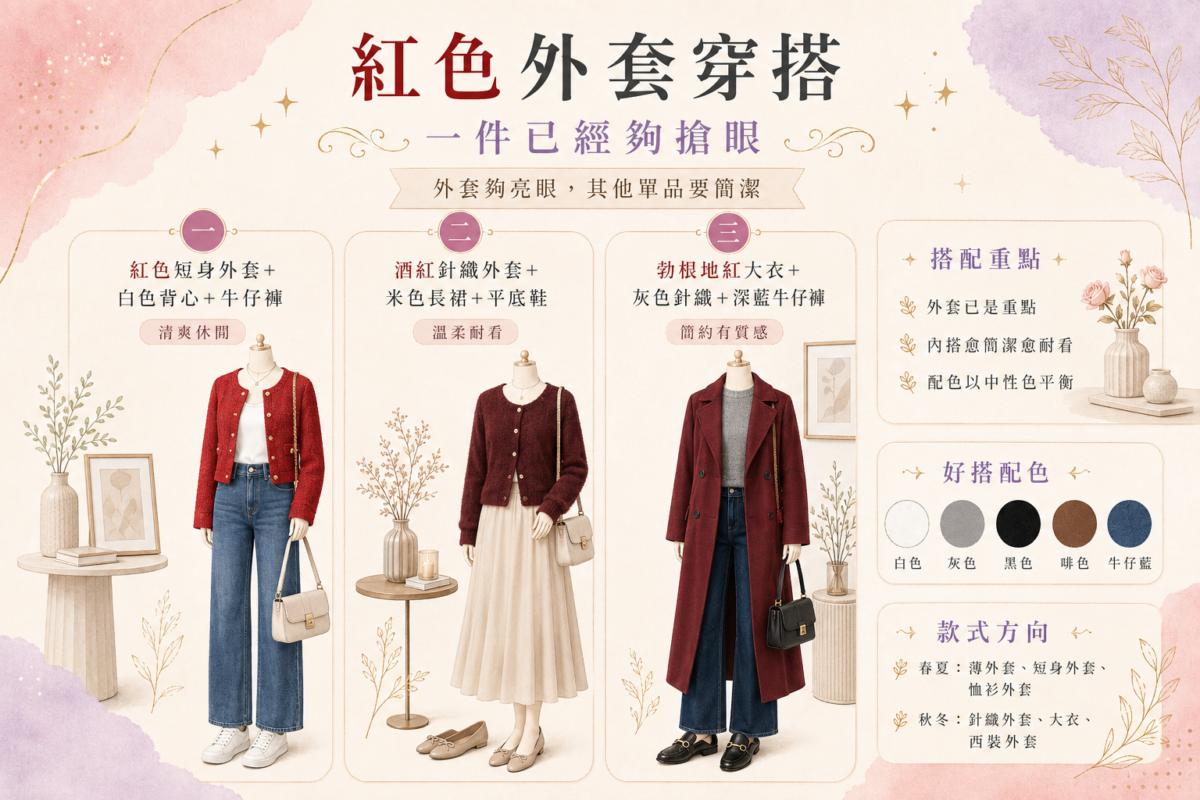 紅色外套穿搭公式與跨季節選搭指南資訊圖表,以視覺化清單呈現紅色短身外套、酒紅針織外套與勃根地紅大衣的3大日常風格,並圖解春夏與秋冬紅色外套款式挑選及黑、白、灰、牛仔藍等中性色平衡配色建議。