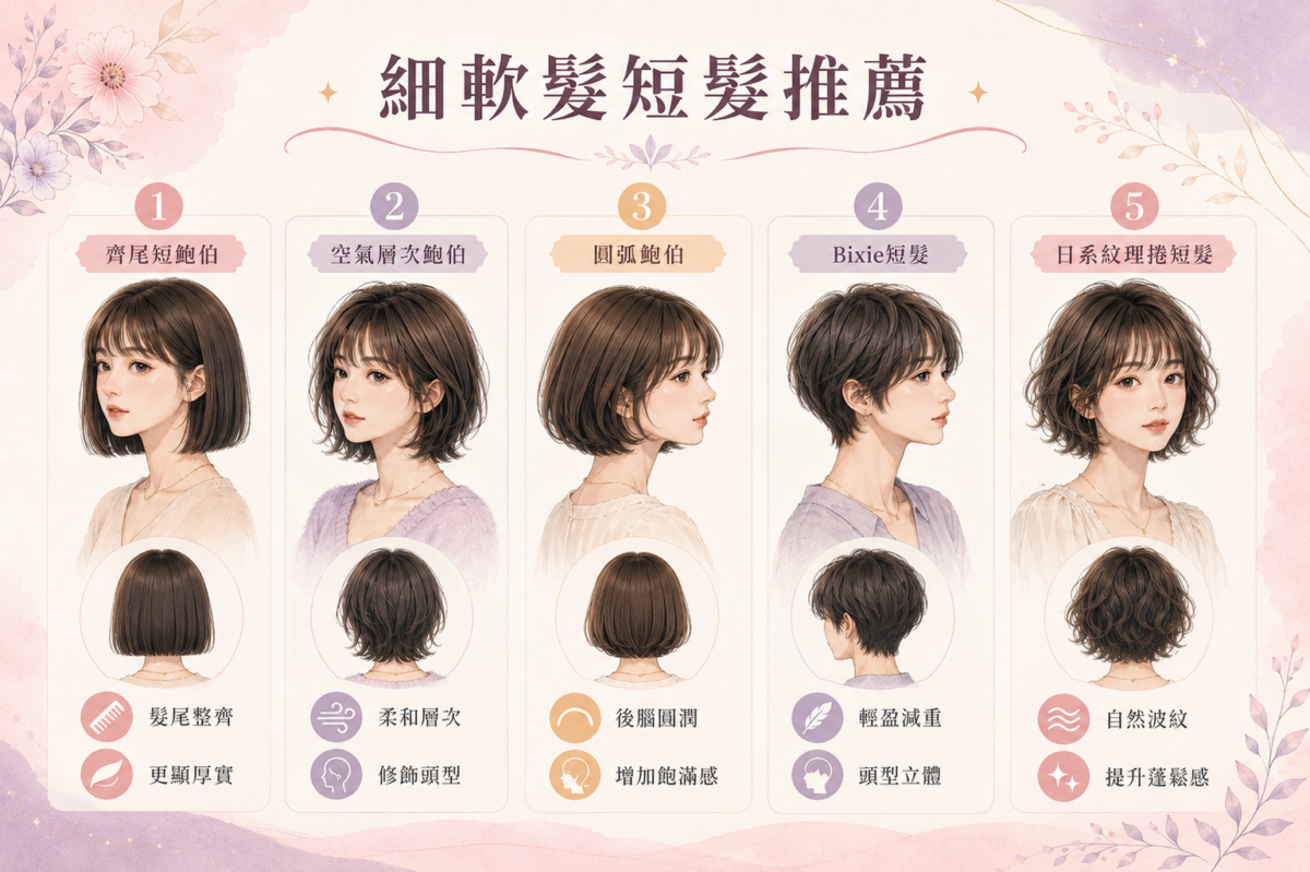 5款適合細軟髮的短髮髮型推薦對照圖鑑:包含齊尾短鮑伯、空氣層次鮑伯、圓弧鮑伯、Bixie短髮與日系紋理捲短髮的髮型線條廓形與修飾特點。