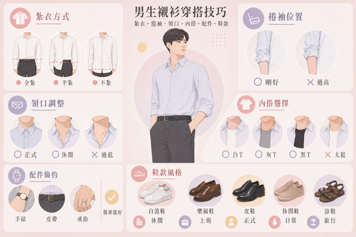  男生襯衫穿搭技巧懶人包圖：一次掌握襯衫全紮半紮時機、黃金袖口捲法高度、場合領口鈕扣調整與四大風格鞋款搭配指南。