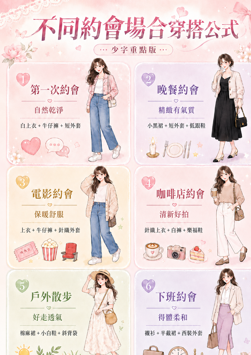 不同約會場合穿搭公式懶人包資訊圖：一圖速查第一次約會、浪漫晚餐、看電影、咖啡店、戶外散步與下班約會的服裝搭配要點及推薦穿搭公式指南。