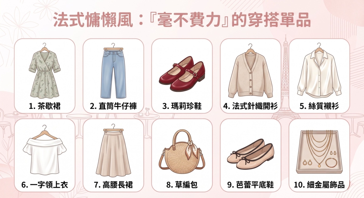 法式慵懶風最大的魅力，在於營造一種「毫不費力卻很好看」的穿搭氛圍。