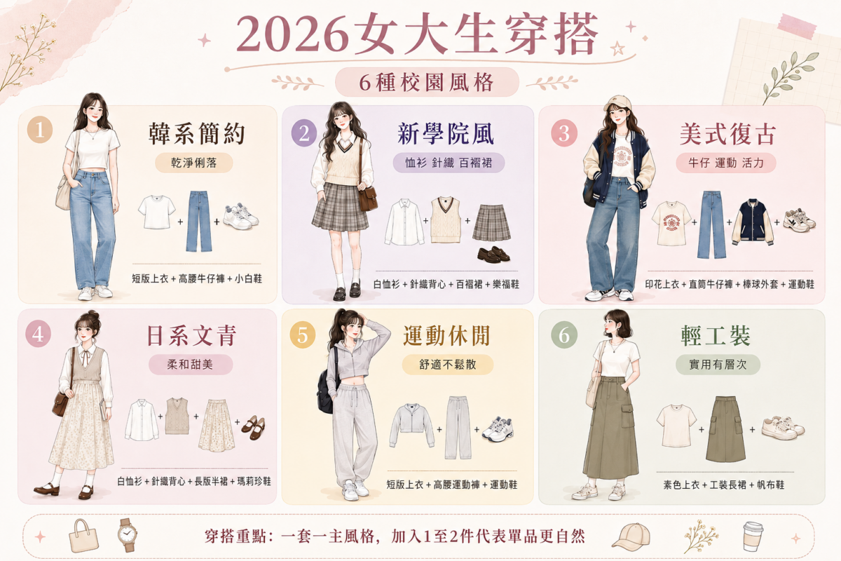2026女大生校園穿搭風格指南資訊圖:6大熱門風格的衣服配搭公式與日常上課穿搭技巧教學。