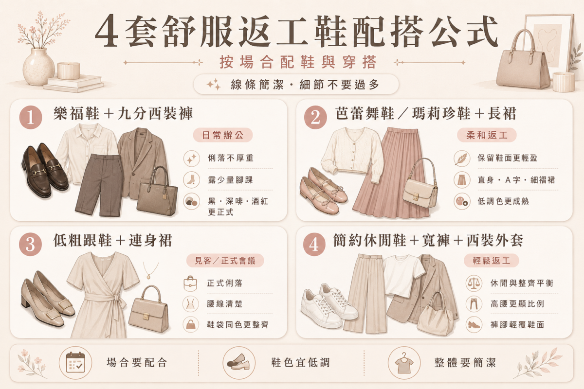 4套舒服返工鞋穿搭公式對照圖：樂福鞋配九分西褲、瑪莉珍鞋配長裙、低粗跟鞋配連身裙與休閒鞋配寬褲西裝的搭配指南。