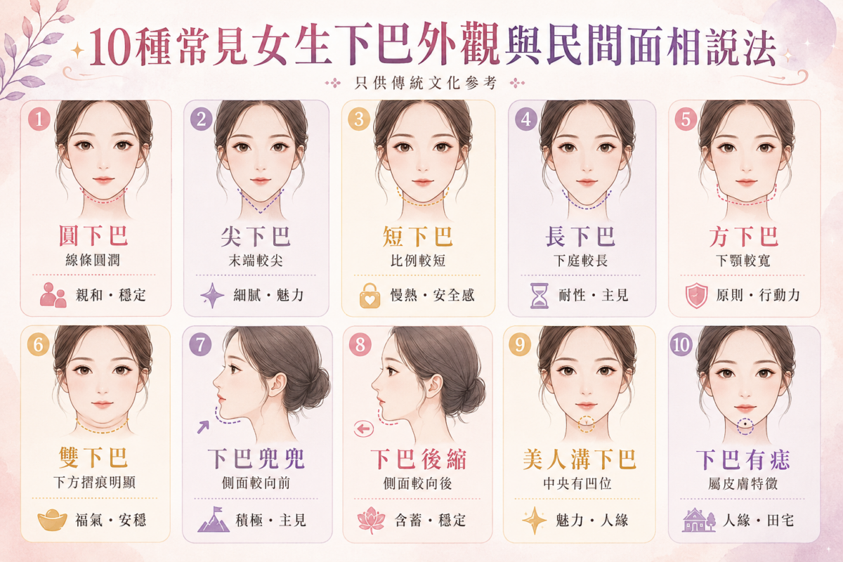 10種常見女生下巴外觀特徵與民間面相說法對照圖。