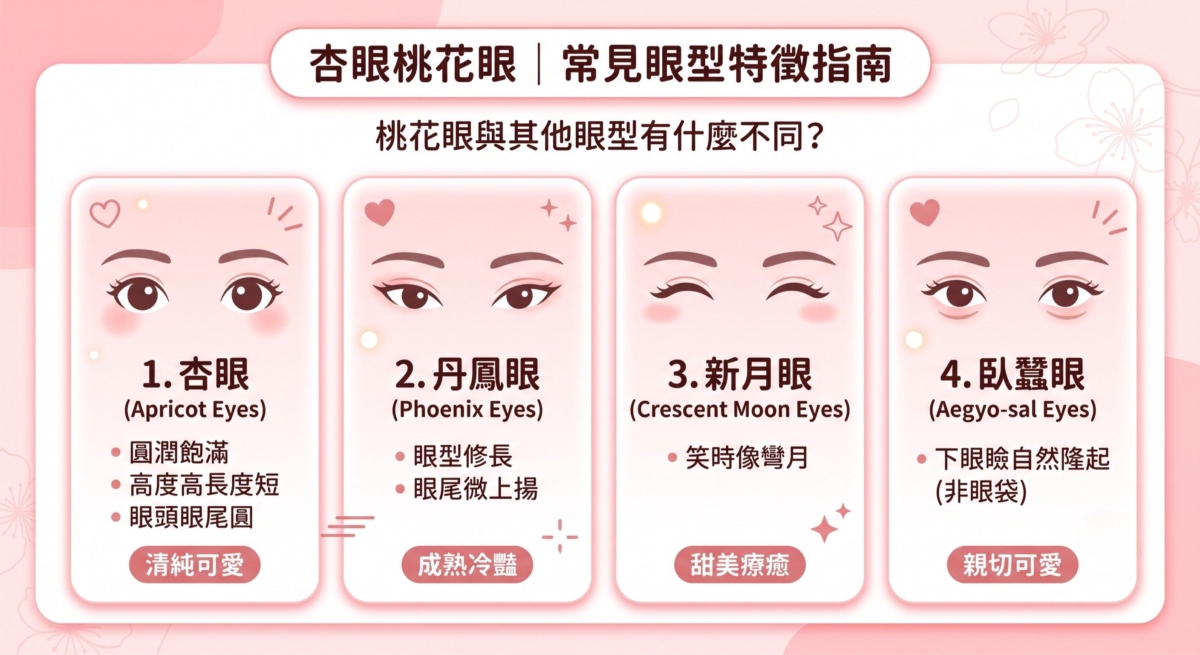 從杏眼、丹鳳眼到新月眼，每種眼型都有獨特魅力，一起了解桃花眼與其他常見眼型的差異。