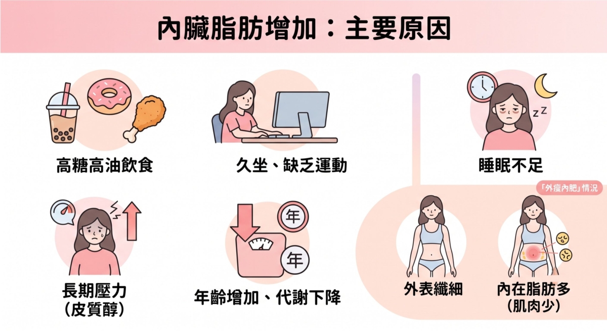 內臟脂肪堆積與飲食、壓力、生活習慣有關內臟脂肪增加通常與長期熱量攝取過多、活動量不足，以及荷爾蒙變化有關。
