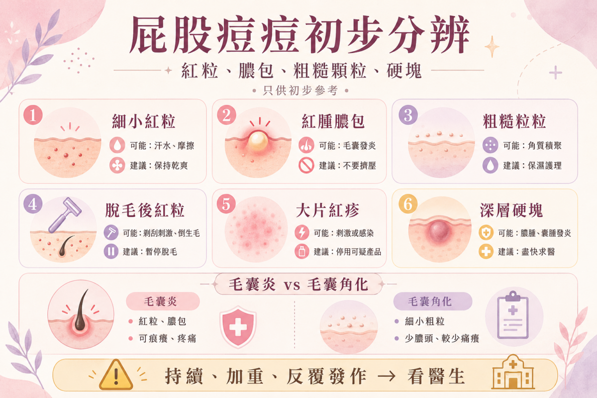 屁股痘痘6大類型對照圖:初步分辨細小紅粒、紅腫膿包、粗糙顆粒、剃毛紅粒、大片紅疹與深層硬塊的成因與護理對策。
