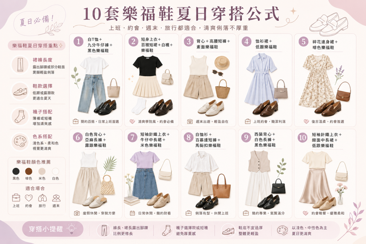 10套夏天女生樂福鞋穿搭公式圖鑑:包含九分牛仔褲、百褶短裙、高腰短褲、恤衫裙、亞麻長褲與各式樂福鞋的搭配組合,並標註上班、約會、週末等適用場合。