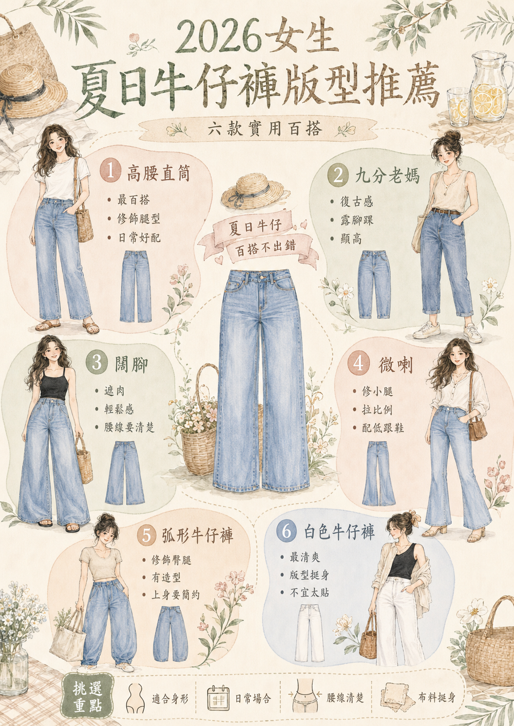 2026女生夏日牛仔褲版型推薦資訊圖:一圖速查高腰直筒、九分老媽褲、闊腳、微喇、弧形及白色牛仔褲的適合身形、穿搭重點與腿型修飾技巧指南。