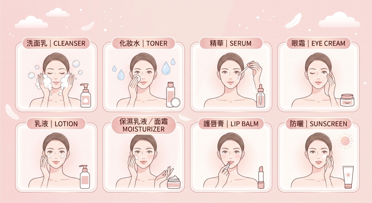 從洗面乳、化妝水、精華液，到乳液、防曬產品，每一類保養品都有固定英文名稱。