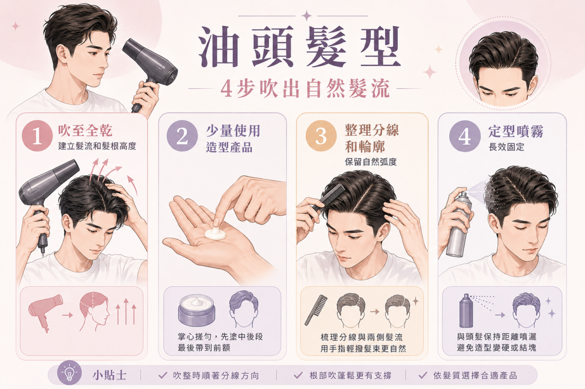男士油頭打理教學指南:4步驟(吹至全乾、少量造型品、整理分線、噴霧固定)吹出自然持久髮流的視覺化流程圖。