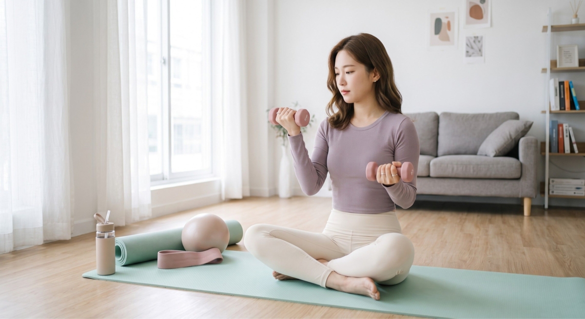 一位女生正在家中做手臂運動。但即使每天做大量手臂運動，也不代表脂肪一定會先從手臂減少。