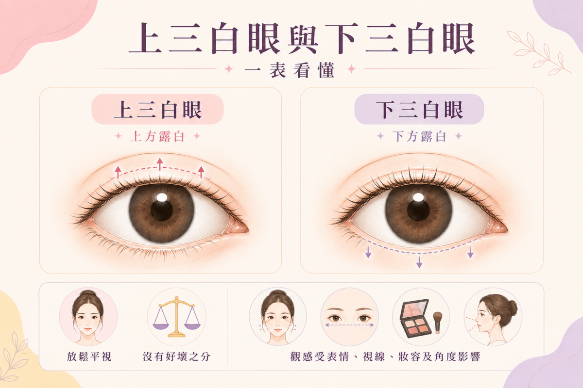 上三白眼與下三白眼之黑眼珠位置與眼白露出區域對比圖。