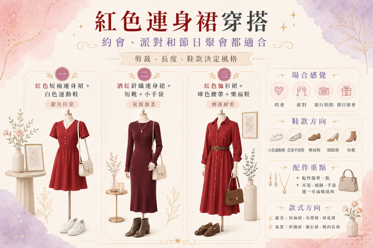紅色連身裙穿搭公式與場合選搭指南資訊圖表,以視覺化清單呈現紅色短袖連身裙、酒紅針織連身裙與紅色襯衫裙的3大日常風格,並圖解甜美與氣質款剪裁挑選、日常與正式鞋款搭配,以及配飾減法原則。