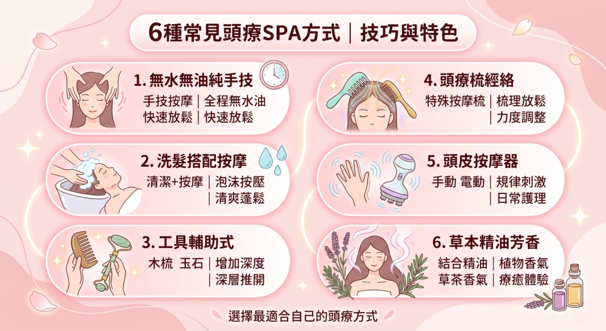 不同頭療方式會根據按摩手法、使用工具及護理目的有所差異。