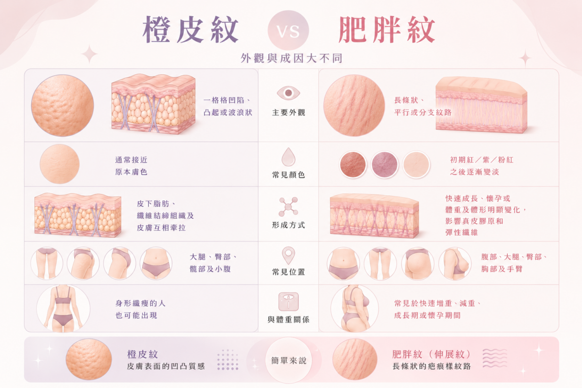 橙皮紋與肥胖紋差異對照圖：比較橙皮紋與肥胖紋的外觀、顏色、成因及與體重的關係。
