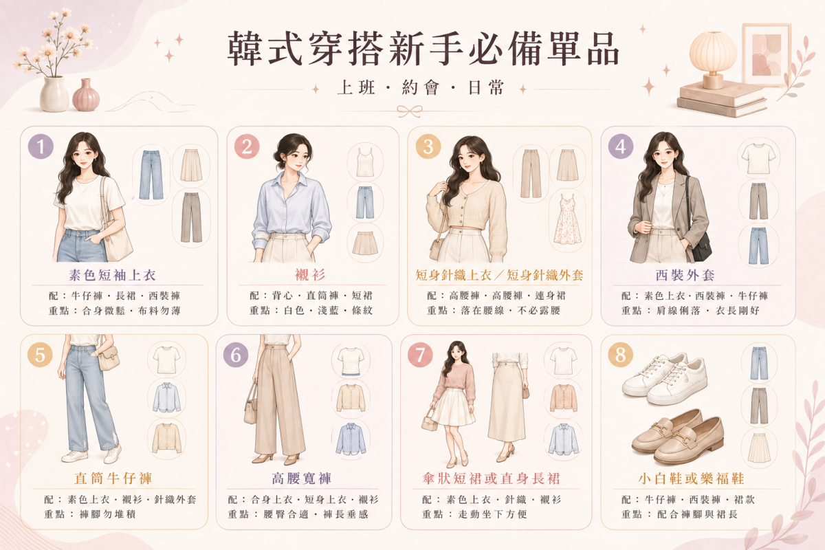 韓式穿搭新手8大必備單品指南圖解：分類整理素色T恤、襯衫、針織衫、西裝外套、牛仔褲、寬褲、長裙與小白鞋等基礎單品的配搭與選款重點。