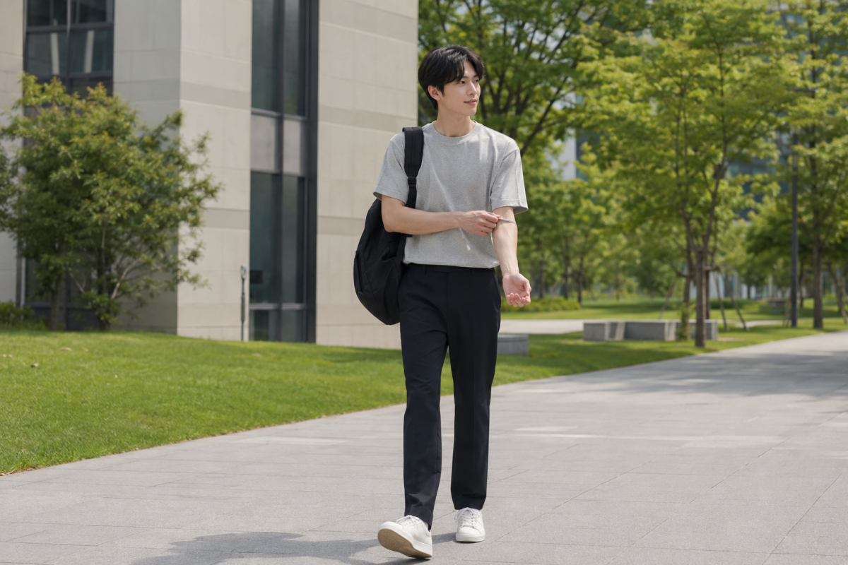 大學生穿搭男可從2至3種配色、合適剪裁及清楚腰線入手,配合俐落衣長和褲長整理整體比例。