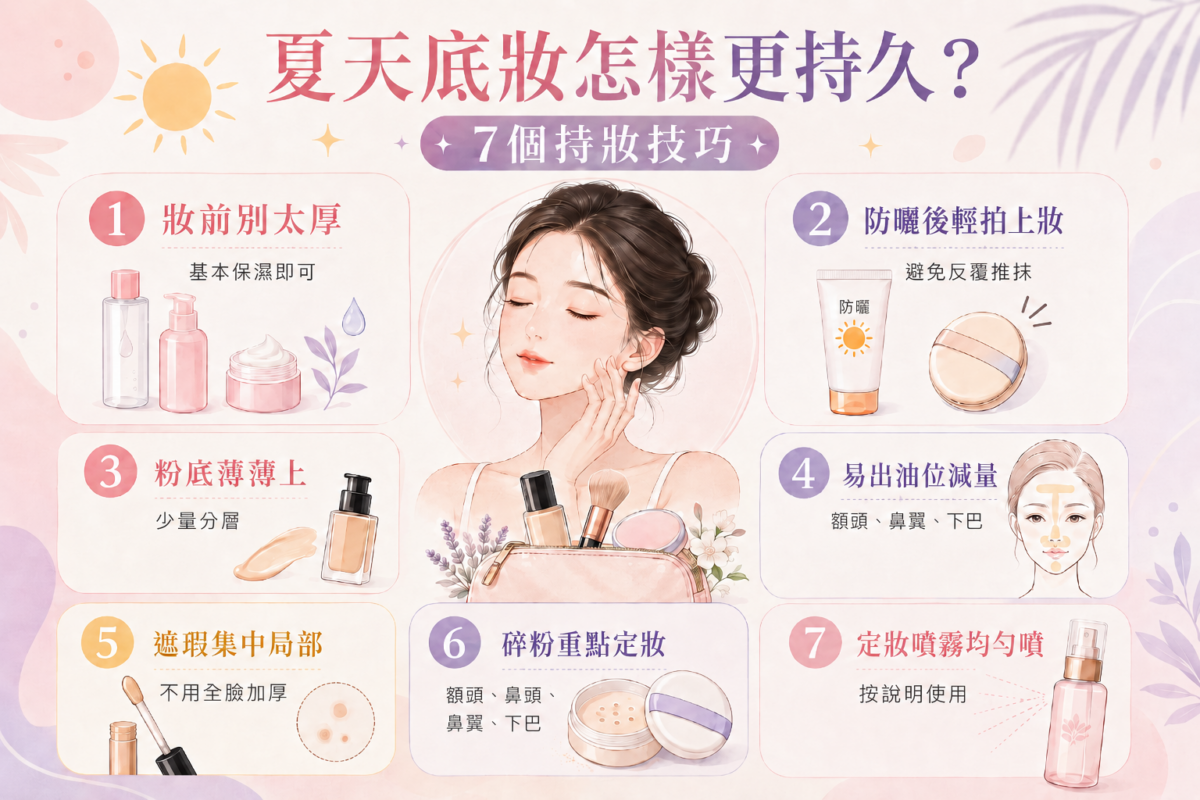 夏天底妝7個持妝技巧懶人包流程圖:包含妝前護膚不要太厚、防曬後輕拍上妝、粉底少量薄上、出油位置減少用量、遮瑕集中局部、碎粉集中出油位及定妝噴霧均勻噴灑的步驟說明。