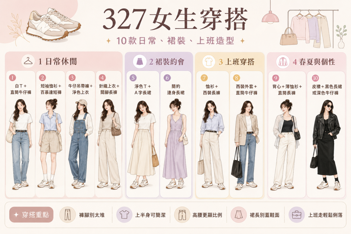 New Balance 327女生穿搭速查圖，整理10款造型配搭，涵蓋日常休閒、裙裝約會、職場上班與個性層次4大場合的單品組合建議。