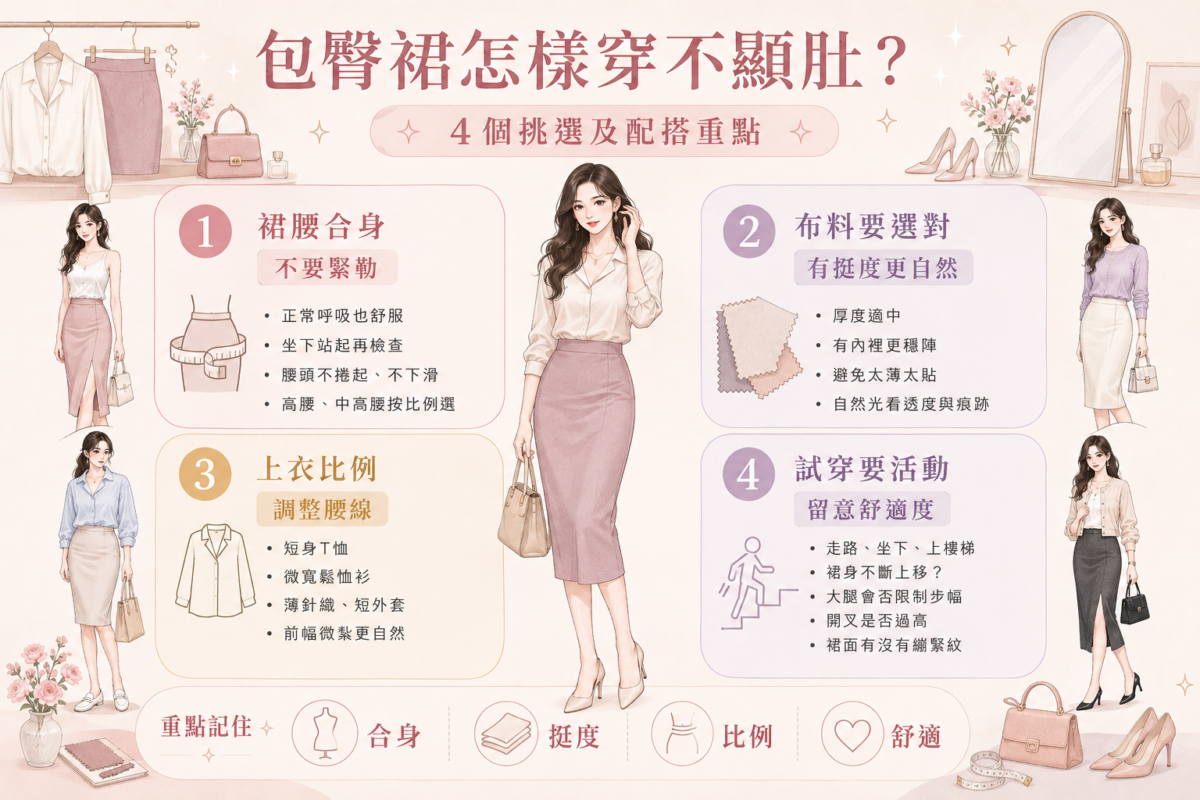 包臀裙不顯肚穿搭4大重點圖解:涵蓋裙腰合身度、厚度挺度布料選擇、上衣比例調整以及走動坐下試穿檢查清單。
