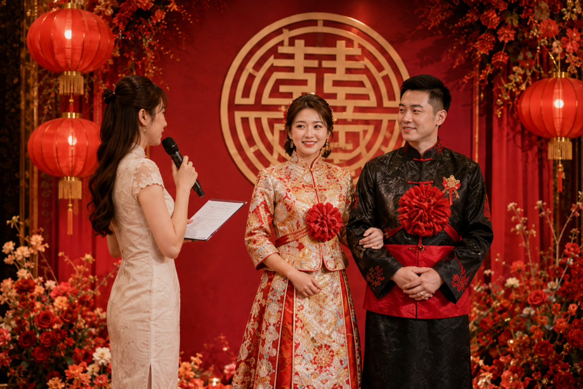 婚禮司儀負責婚前整理流程和司儀稿,並於婚宴當日主持新人進場、致辭、敬酒及影片播放等環節。