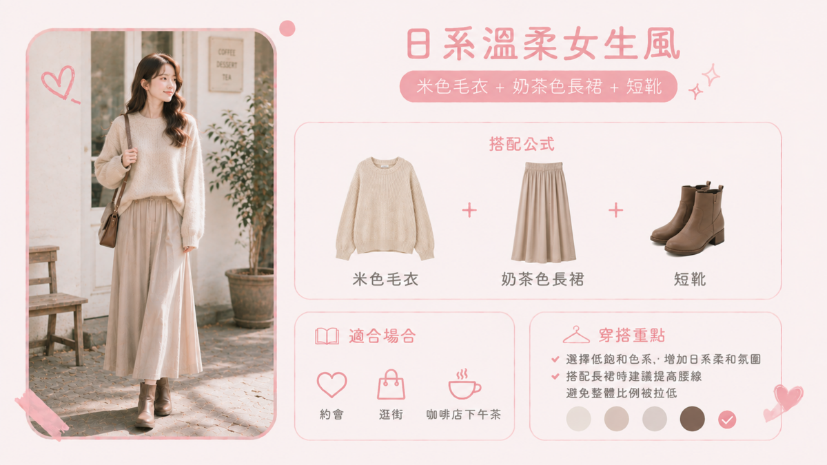 毛衣搭配長裙是日系冬季最經典的穿搭組合，利用柔軟針織材質與裙裝的垂墜感平衡冬季厚重感，打造溫柔又有氣質的女生風格。