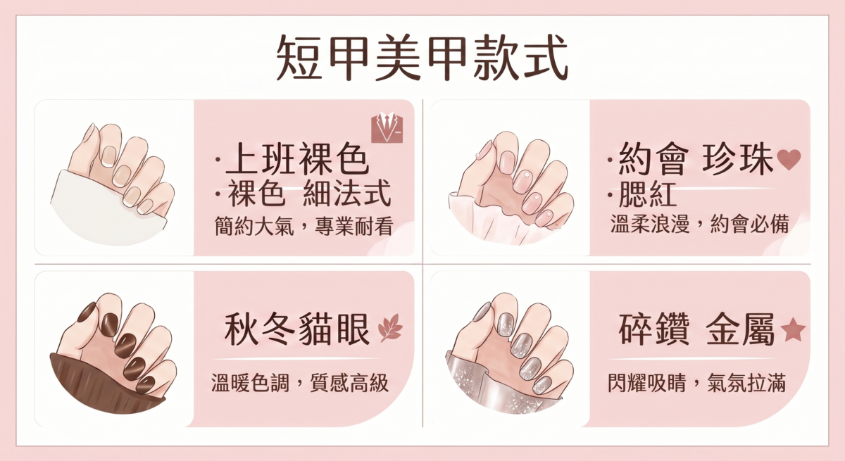 不同場合適合的美甲風格也不同。如果平時需要返工，可以選低調款；約會或節日則可以加入少量閃粉和裝飾。