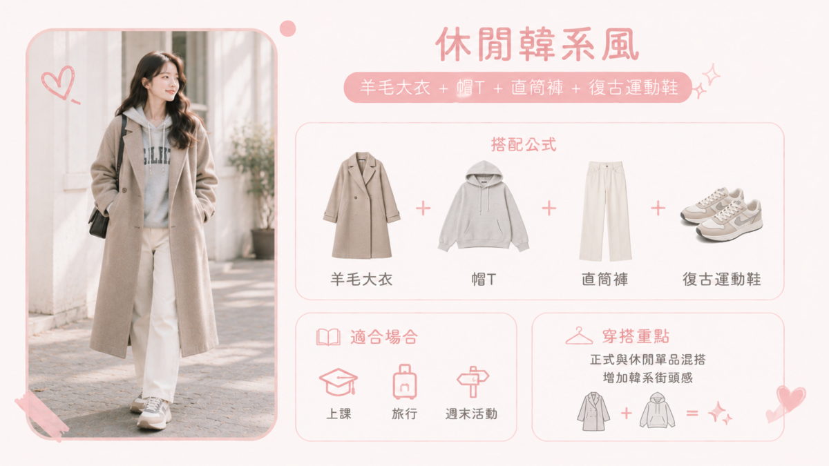 想穿得舒服又有造型，可以利用正式感大衣搭配休閒帽T。