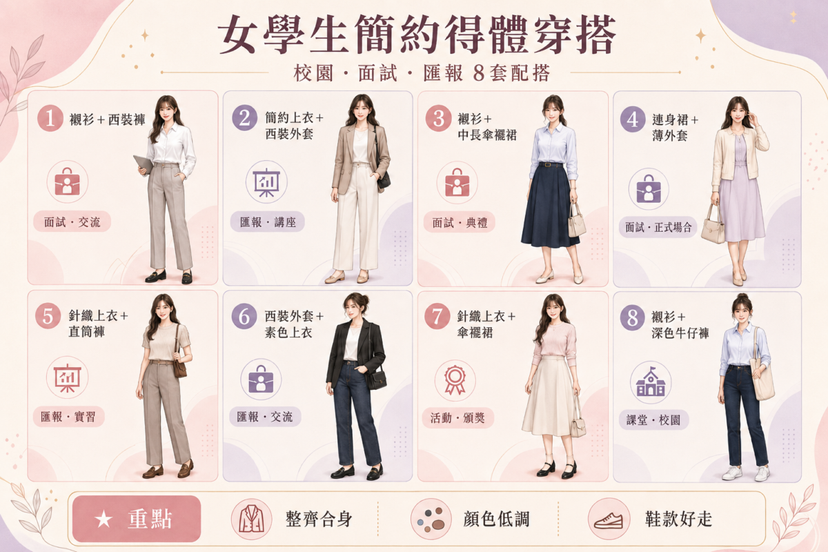 Smart Casual女學生8套校園穿搭公式速查圖：涵蓋入學面試、課堂Presentation、學校典禮與日常交流的單品組合與場合對照。