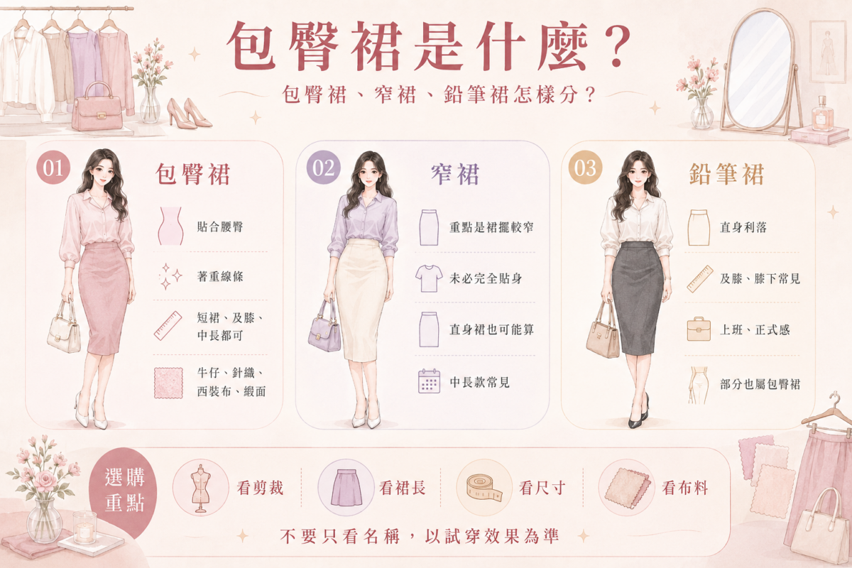 包臀裙、窄裙與鉛筆裙差異比較圖:圖解三種裙款在腰臀貼合度、裙擺剪裁、長度與適合場合的重點分別。