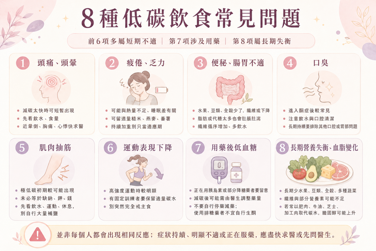 低碳飲食8大常見問題與副作用總整理:涵蓋頭痛疲倦、腸胃不適、肌肉抽筋、低血糖風險及血脂影響。