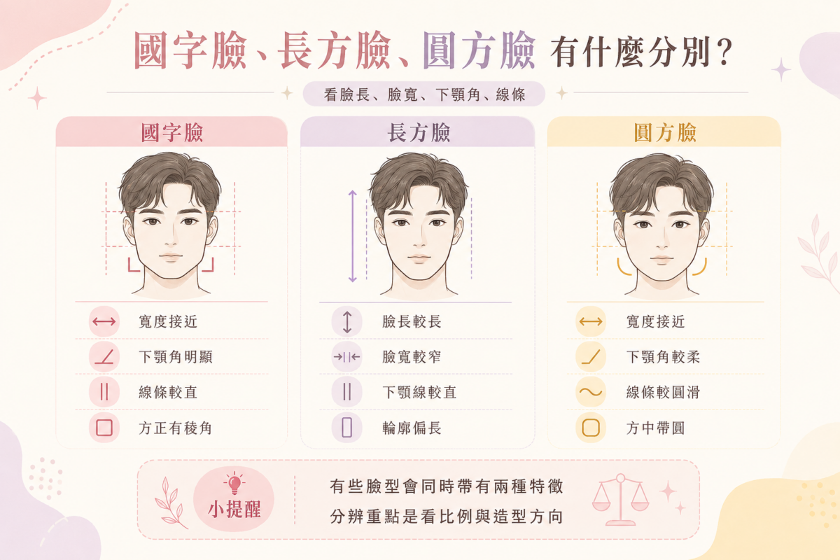 國字臉、長方臉與圓方臉差異對照圖：圖解三種臉型的長寬比例、下顎角線條與整體輪廓特徵。