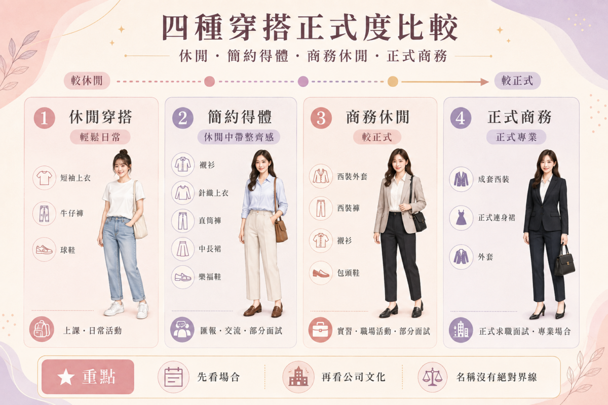 Smart Casual與4大Dress Code比較圖：圖解Casual、Smart Casual、Business Casual及Business Formal的正式程度差異、常見單品與適合場合。