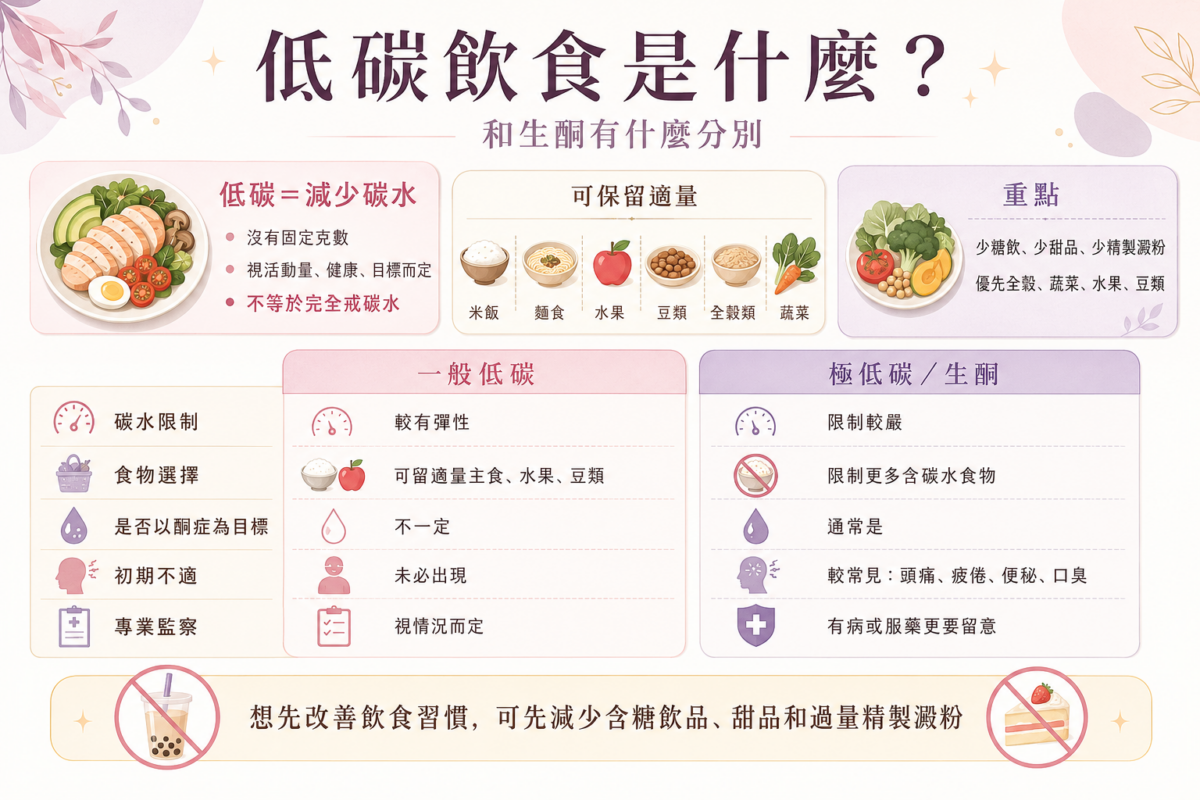 低碳飲食與生酮飲食差別比較圖:分析碳水限制、食物選擇、進入酮症目標、初期不適與專業監察差異。
