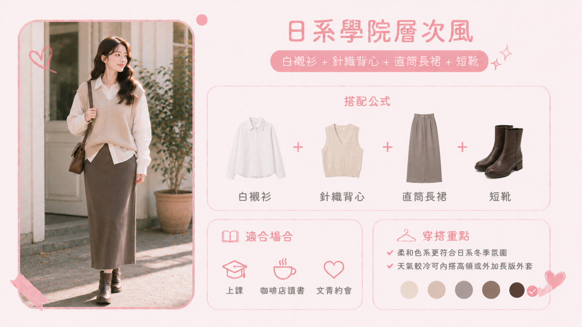針織背心是打造日系校園感的實用單品，透過襯衫與針織材質的層次搭配，即使冬天穿多層衣服，也能保持輕盈感，不會顯得厚重。