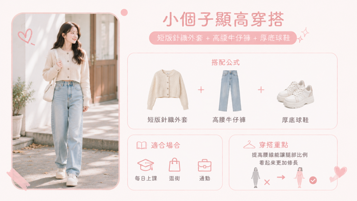 小個子女生冬天容易被厚外套壓低比例，因此短版外套是非常實用的選擇。