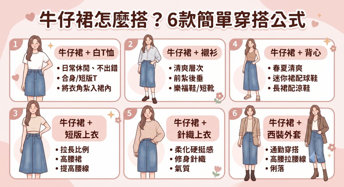 牛仔裙本身屬於百搭單品，但不同上衣會直接改變整體風格。
