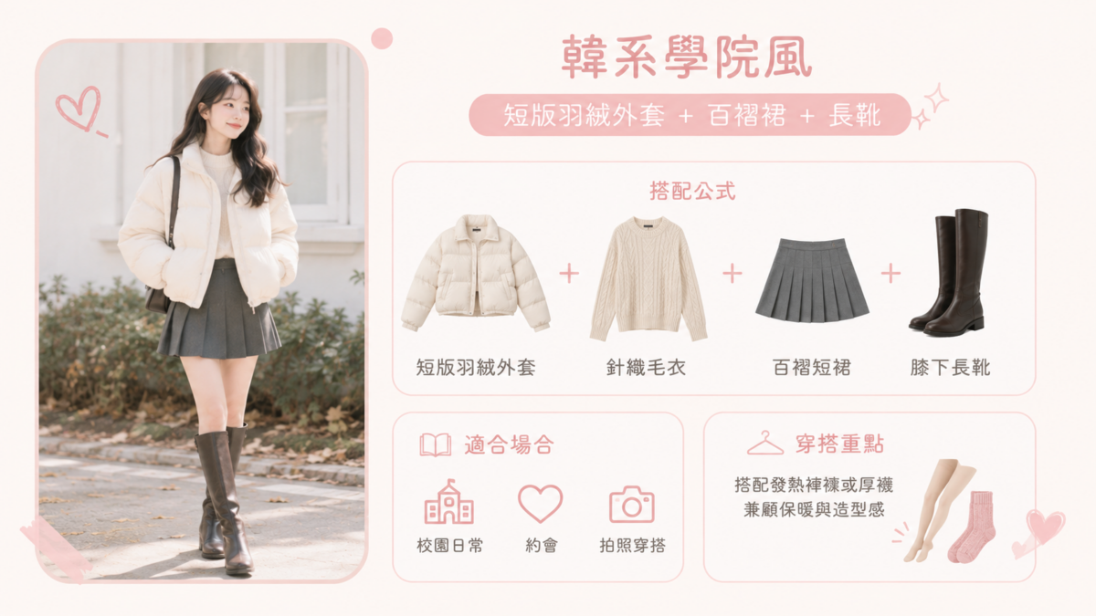 短版羽絨外套能提高腰線，搭配百褶裙與長靴，是許多韓系女學生冬季常見造型。